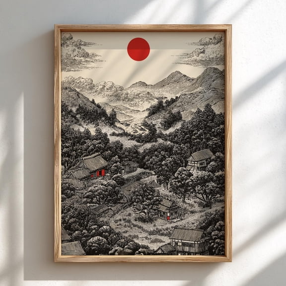 Japanese Mountain Sumi E Ink Drawing Red Sun Nature Japanese Portrait Decor Unframed Paper Print