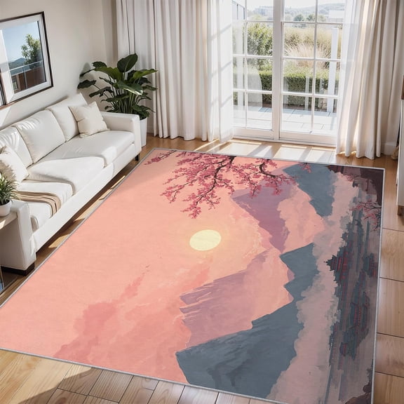 Japanese Mountain Sunset Area Rug Cherry Blossom Carpet Washable Non Slip Soft Living Room Bedroom Entrance Mat 2x3ft