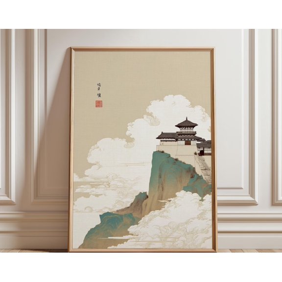 Japanese Mountain Temple Ink Wash Wall Art Print, Unframed Paper Poster 8x10in