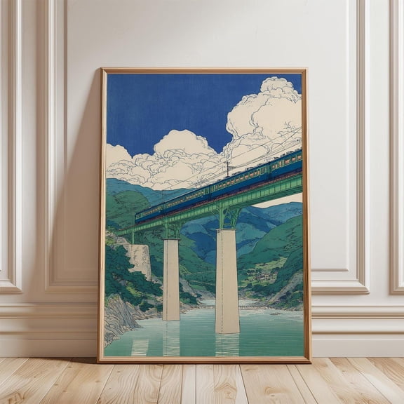 Japanese Mountain Train Railway Bridge Landscape Illustration Wall Unframed Paper Print