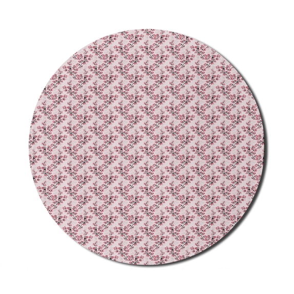 Japanese Mouse Pad for Computers, Hand Drawn Blossoming Sakura Branches Cherry Tree Spring Nature, Round Non-Slip Thick Rubber Modern Gaming Mousepad, 8" Round, Dark Coral Pale Pink, by Ambesonne