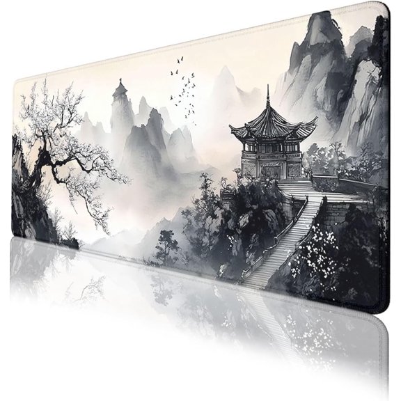 Japanese Mouse Pad Ink Landscape Mountain Pavilion Blossom Large Desk Mat Waterproof Stitched Edges Rubber Base Non-Slip Deskmap Computer Keyboard Mat 31.5 x 11.8 Desk Home Office Gaming