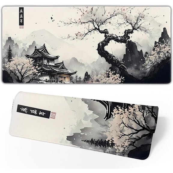 Japanese Mouse Pad, Large Cherry Blossom Desk Mat, XL Anime Gaming Keyboard Mat, Non-Slip Rubber Base, Big Extended Desk Protector for Home Office, 31.5”x11.8”