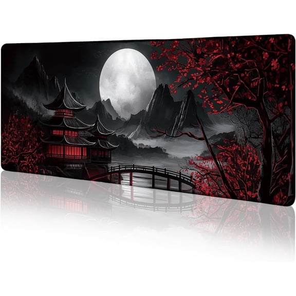 Japanese Mouse Pad Large Gaming Desk Mat, Extended Computer Mousepad with Stitched Edges Non-Slip, XL Keyboard Mouse Pad, Aesthetics Full Moon Home Decor Office Desk Accessories 31.5in