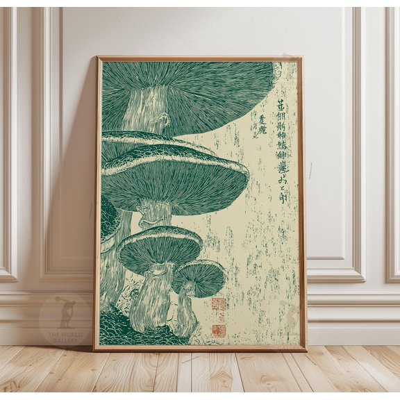 Japanese Mushroom Botanical Poster, Vintage Woodblock Fungi, Asian Nature Wall Art, Poster Only