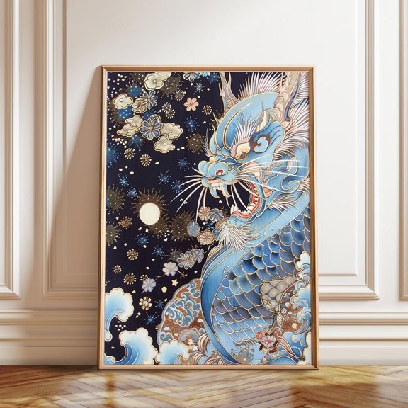 Japanese Mythology Wall Decor Celestial Blue Dragon Oriental Fantasy Artwork, Unframed Canvas 8x10in
