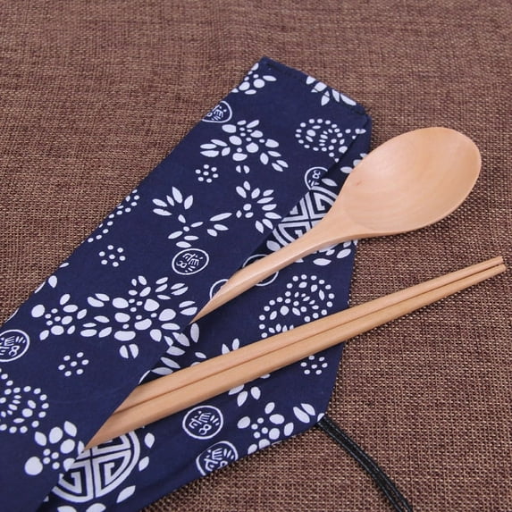 Japanese Natural Wooden Chopsticks And Spoon Set with Carrying Bag - Durable, Dishwasher Safe - Foraging