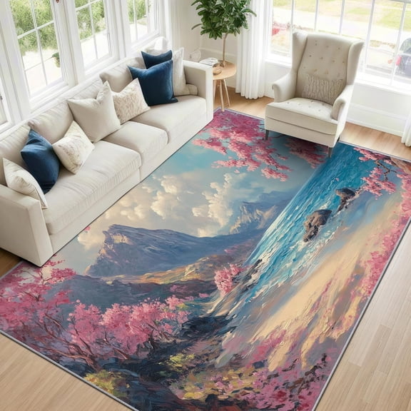 Japanese Nature Landscape Area Rugs, Cherry Blossom Sea Mountain Carpet, Washable Non Slip Low Pile Soft Rug for Bedroom Living Room Decor Mat 2x3ft