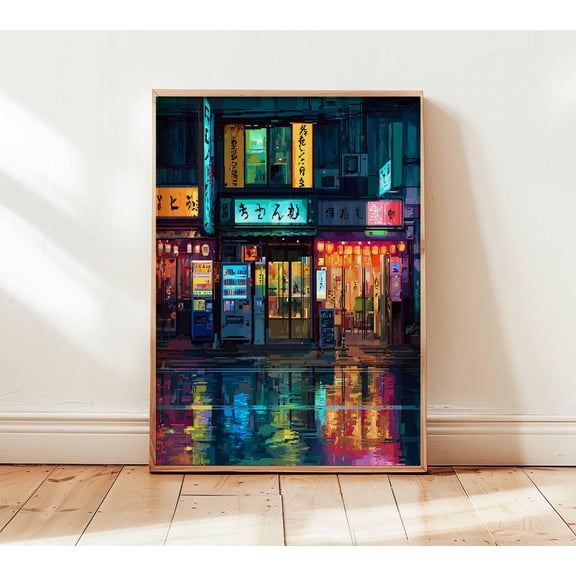 Japanese Neon Street Pixel Art Poster Retro Cyberpunk Wall Print City Night Scene Modern J