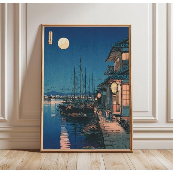 Japanese Night Harbour Poster Moonlit Coastal Village Print Blue Waterfront Wall Art
