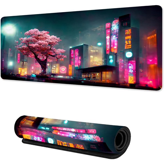 Japanese Night Mouse Pad,Cherry Blosooms Gaming Keyboard Mat, Non-Slip Rubber Base,Large Extended Desk Mat Protector with Stitched Edges for Home Office 31.5 x 15.7 in