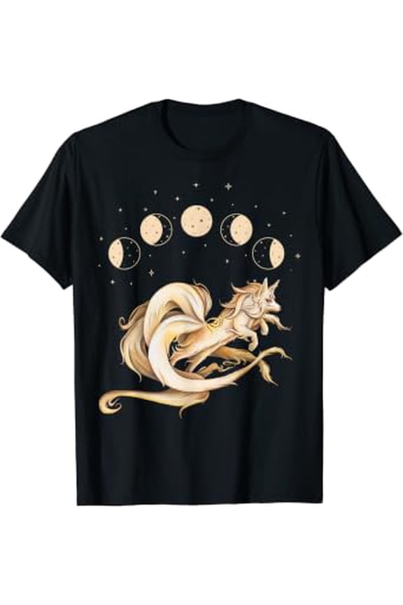 Japanese Nine -Tails Fox Kitsune Moon Phases Folklore T-Shirt