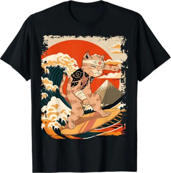 Japanese Ninja Surfing Cat Graphic Funny Animal Culture Style NG1535 Unisex T-Shirt, S-5XL