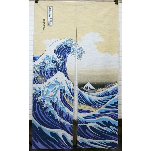 Japanese Noren Curtain Tapestry The Great Wave Off Kanagawa Mount Fuji Beige
