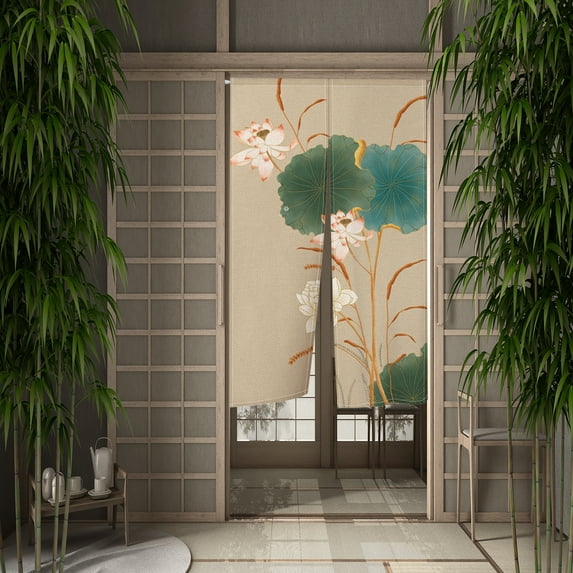 Japanese Noren Door Curtain Lotus Plum Blossom Chinese Traditional Painting Kitchen Bedroom Doorway Entrance Hanging Half-Curtai