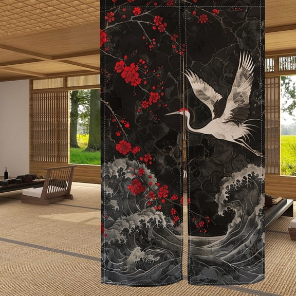 Japanese Noren Doorway Curtain TapestryHanging for Kitchen Bedroom Home Decoration (Crane and Wave,33.5" W x 59" L)