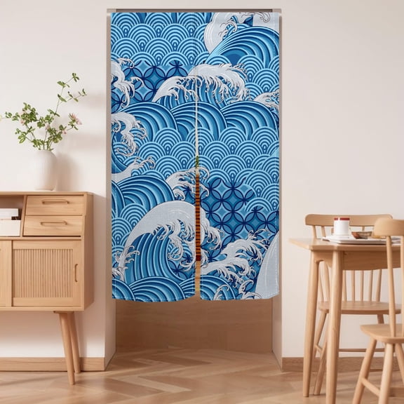 Japanese Noren Doorway Curtain Tranditional Wave Printed Window Treatment Door Tapestry for Home Restaurant Decoration 33.5"x59",Blue and White