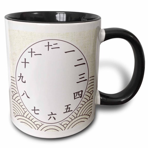 3drose, Japanese Numbers Clock Face - Kanji Characters - Beige Wave Pattern, 15oz Two-tone Black Mug