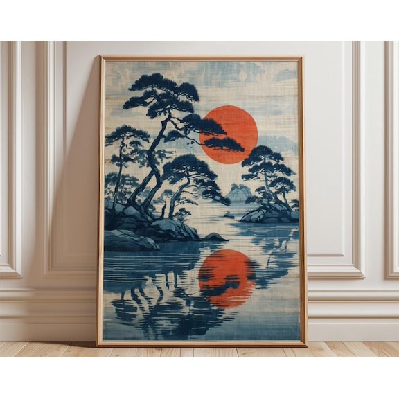 Japanese Ocean Red Sun Wall Art Print, Unframed Paper Poster 8x10in