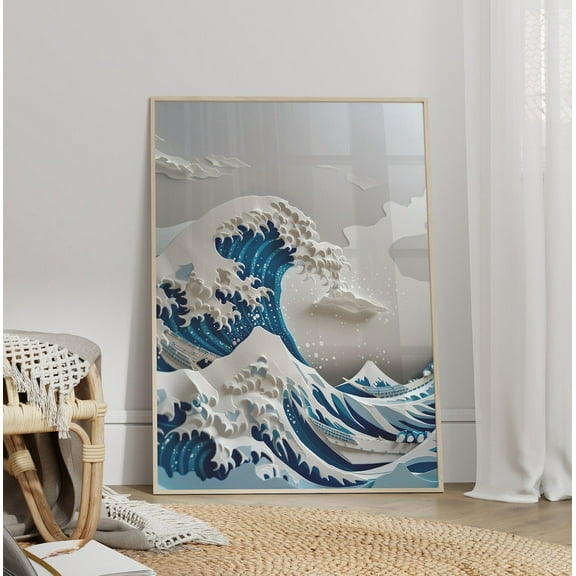 Japanese Ocean Wave Wall Art, Minimal Coastal Decor, Unframed Paper Print Size 8x12