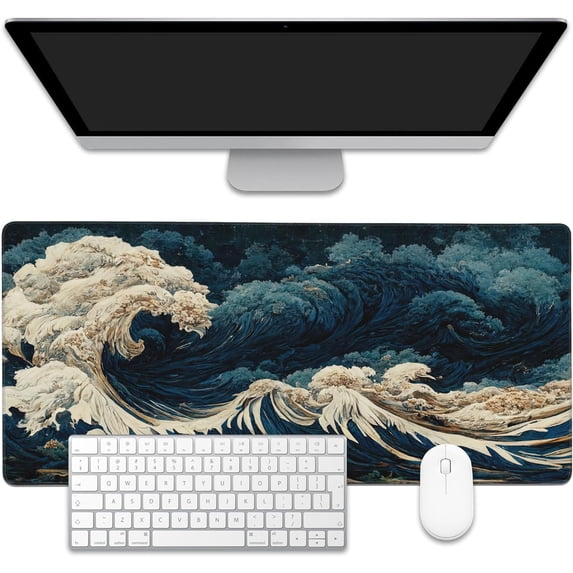 Japanese Ocean Waves Large Gaming Mouse Pad,Waterproof Desk Mat for Desktop,Non-Slip Rubber Base Mousepad with Stitched Edges for Laptop Office and Home 35.4X15.7 Inch