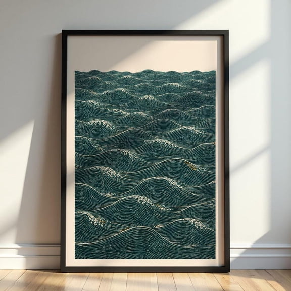 Japanese Ocean Waves Wall Art Minimalist Sea Print Coastal Japandi Abstract Wave Illustration Nautical Decor, Unframed Paper Print