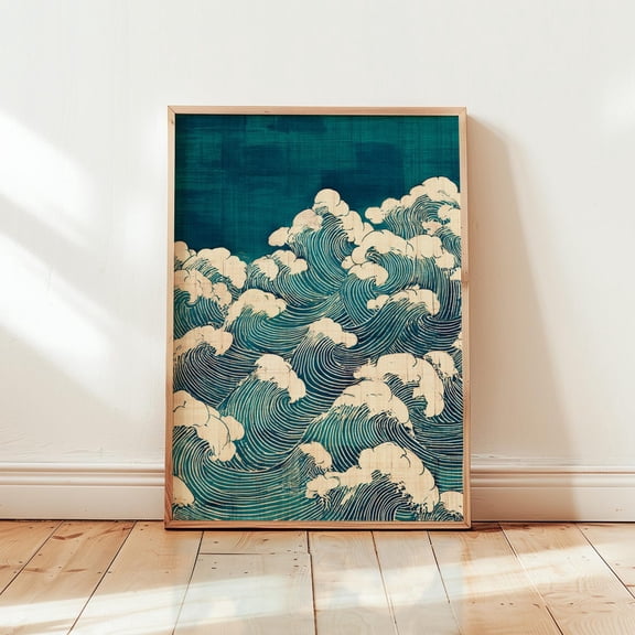 Japanese Ocean Waves Woodblock Seascape Blue Decorative Interior Wall Art Poster