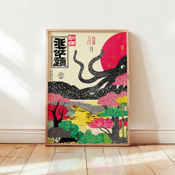 Japanese Octopus Poster | Red Black Ukiyo-E Style Wall Art | Vintage Sea Creature Illustration 8x12 UNFRAMED