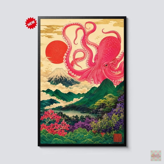 Japanese Octopus Wall Art Giant Kraken Mount Fuji Landscape Artwork Surreal Asian Decor Fantasy Coastal Scene