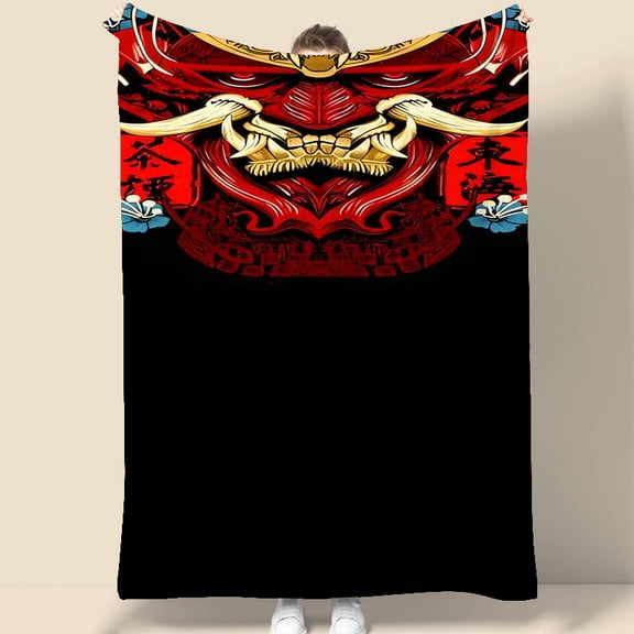 Japanese Oni Demon Mask Wall Tapestry 70.07 x 90.55 Inches Red Gold Design for Room Decor