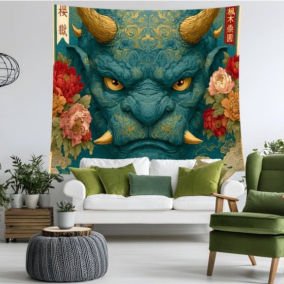 Japanese Oni Dragon Tapestry Wall Hanging, Asian Fantasy Mask Wall Decor, Gothic Floral Room Decor for Bedroom Dorm Game Room