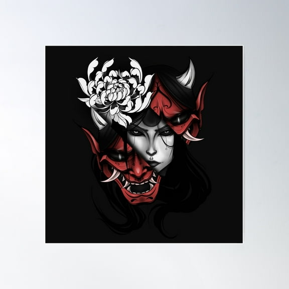 Japanese Oni Mask And Kiku Poster Wall Art, Modern Wall Decor For Living Room Bedroom, 16x24 UNFRAMED