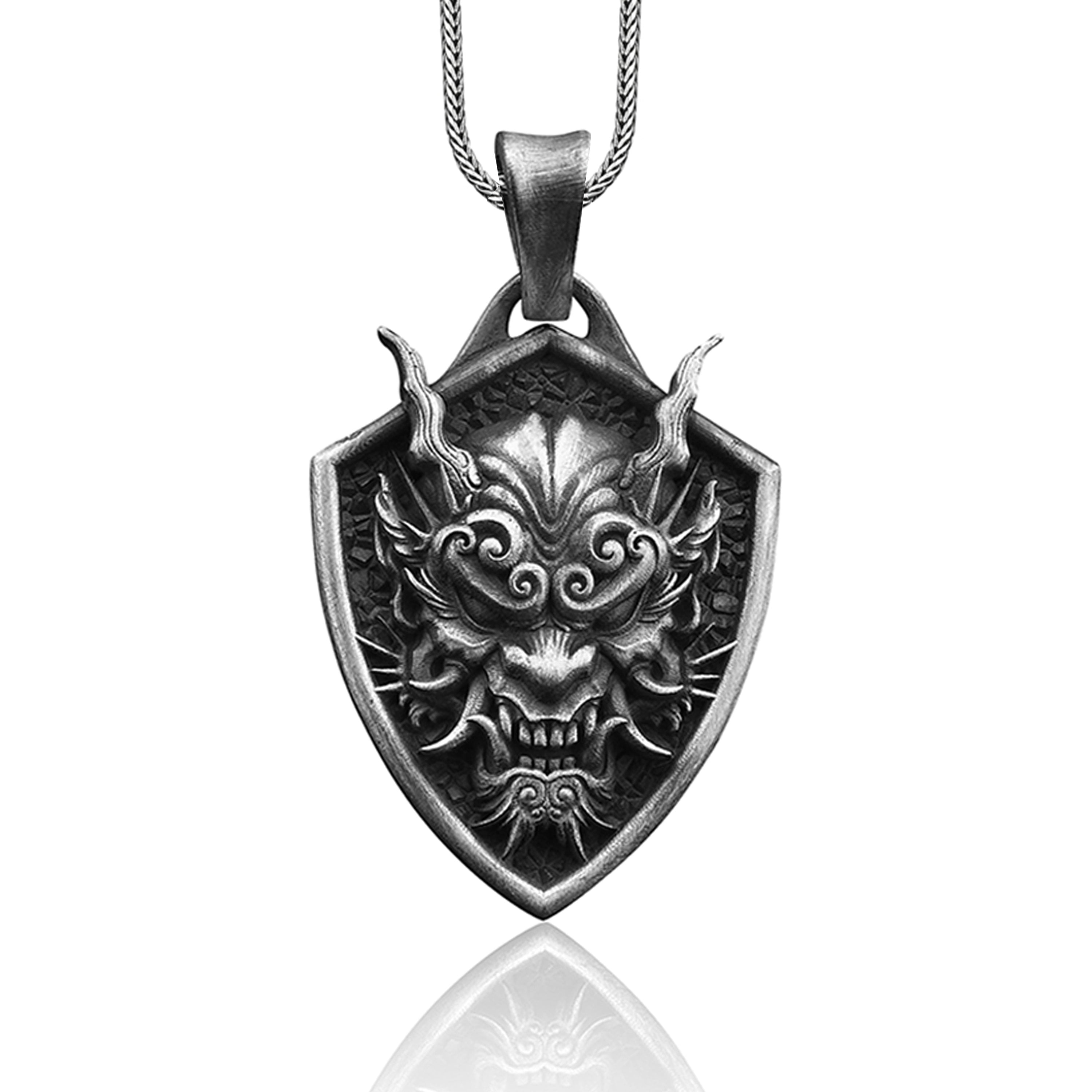 Japanese Oni Mask Demon Necklace For Men in Silver, The Art of Japanese Mask Silver Jewelry