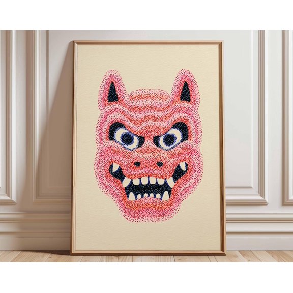 Japanese Oni Mask Red Demon Graphic Wall Art Print, Unframed Paper Poster 8x10in