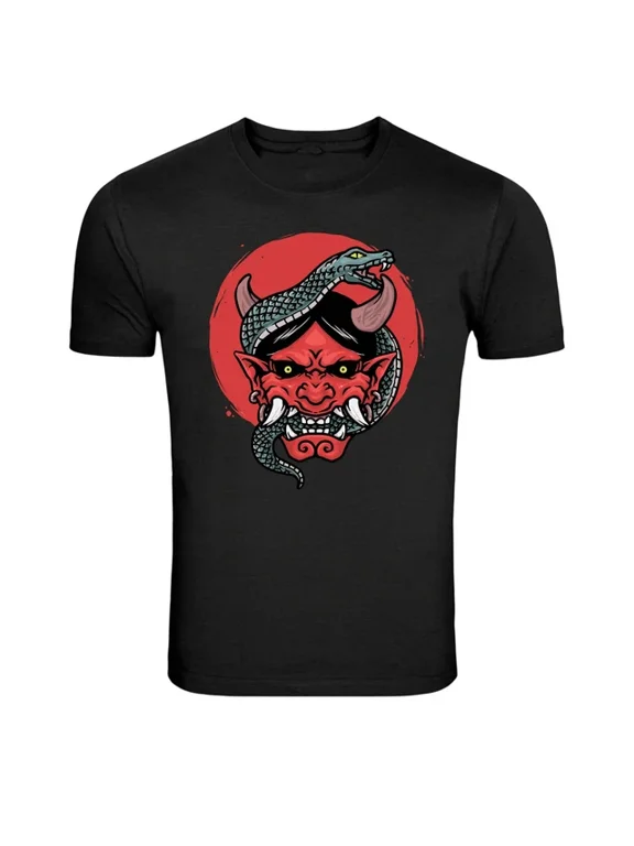 Japanese Oni Mask Snake Demon Warrior Graphic Creative Theme Suited To Daily Outfits And Special Occasions T-Shirt, Size S-5XL