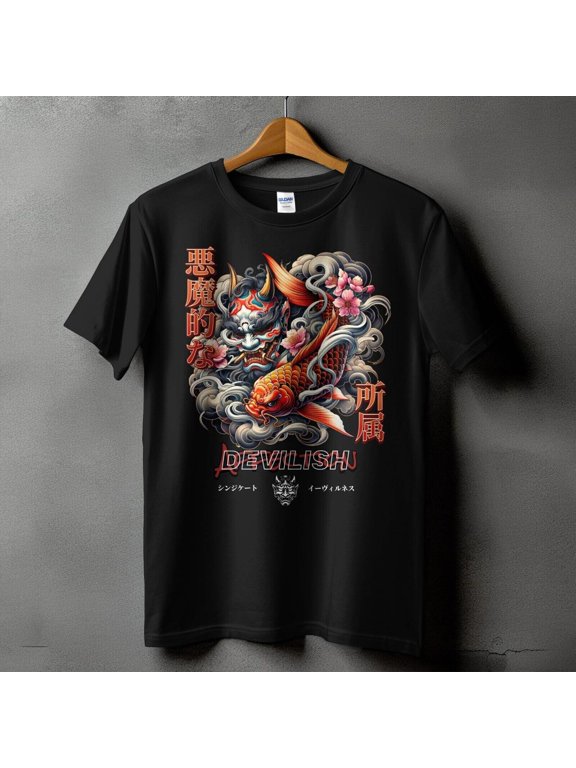 Japanese Oni Mask T-Shirt, Koi Fish Art Shirt, Hannya Tattoo Design Tee, Traditi