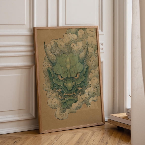 Japanese Oni Mask Ukiyo-E Vintage Demon Samurai Wall Art, Unframed Poster