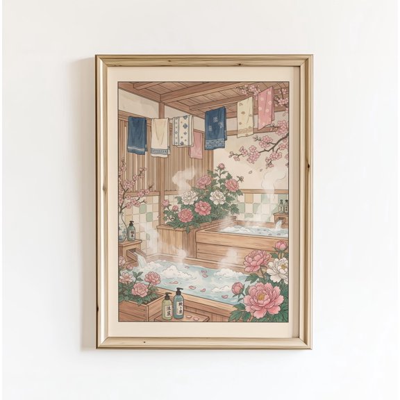 Japanese Onsen Bathhouse Sakura Peony Wall Art Decor Unframed Paper Print