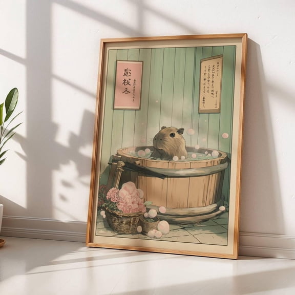 Japanese Onsen Capybara Wall Art Print, Unframed Paper Poster 8x10in