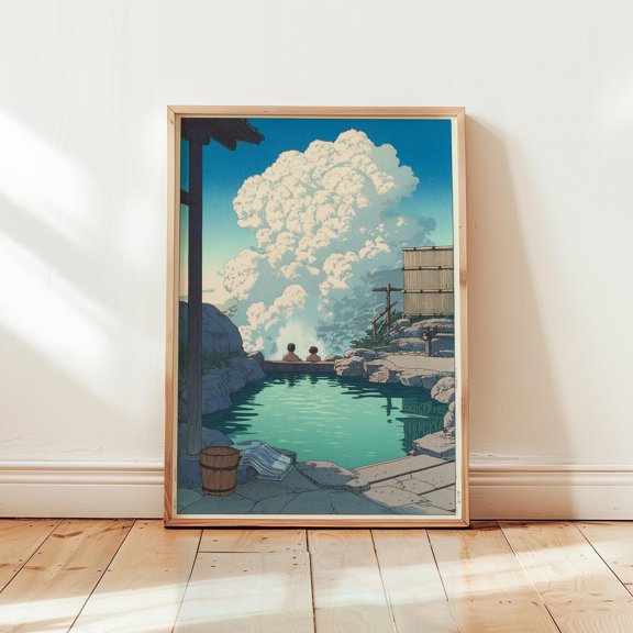 Japanese Onsen Hot Spring Poster Outdoor Bath Landscape Illustration Steam Cloud Art Print