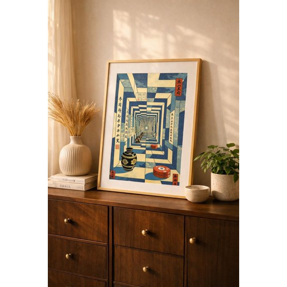 Japanese Optical Illusion Wall Art L Modern Asian Geometric L Retro Blue Perspective Artwork L Minimalist Home Decor Gift, Unframed Paper Print