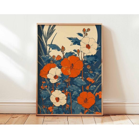 Japanese Orange Hibiscus Wall Art Print, Unframed Paper Poster 24x36in