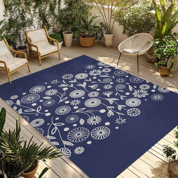 Japanese Outdoor Rug 6x9 Ft - Reversible Patio Rug Outdoor Camping Rugs, Navy Blue Country Flowers Leaves Aesthetic Washable Indoor Outdoor Area Rugs, Non-Slip Outdoor Carpet Runner for Deck/Porch