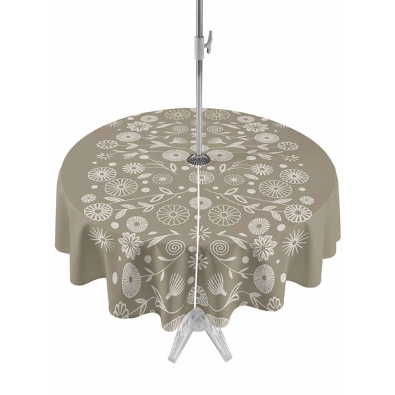 Japanese Outdoor Tablecloth - 60 Inch Round Dining Table Cover, Grey Simple Traditional Flowers Leaves Pattern Waterproof Outdoor Table Cloth with Umbrella Hole & Zipper for Picnic/Patio/Party