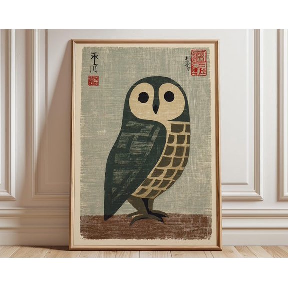 Japanese Owl Woodblock Wall Art Print, Unframed Paper Poster 24x36in