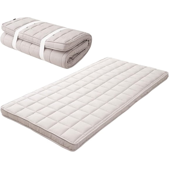Japanese Padded Futon Mattress Machi Twin Gray, Gusset Foldable Storable Elastic Bands Floor Sleeping Guest Bed Tatami Mat