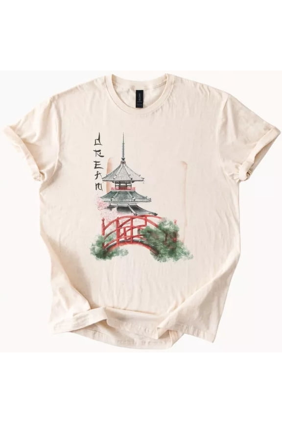 Japanese Pagoda Art Bridge T Shirt Asian Temple Graphic Tee Size S-5Xl Heygategoo Tee