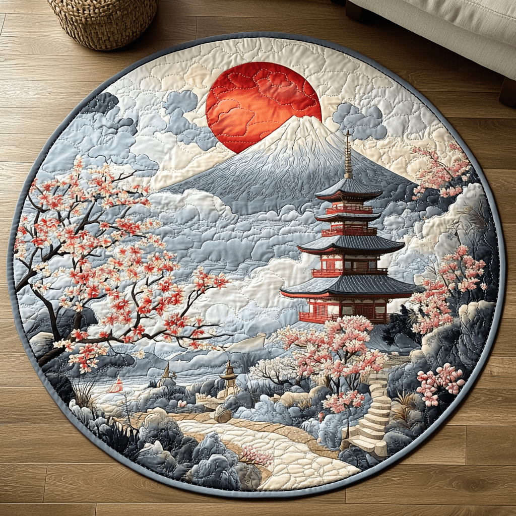 Rounded Landscape Japanese Pagoda Beauty Quilted Round Mat, 3D Optical Illusion Japanese ...