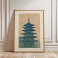 thumbnail image 1 of Japanese Pagoda Blue Woodblock Temple Mountain Landscape Nature Art, Stretched Canvas 8x10in, 1 of 4