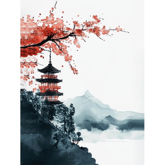 Japanese Pagoda Cherry Blossom Canvas PaintingSuitable for Living RoomBedroomOfficeYoga StudioMeditation Room Decoration